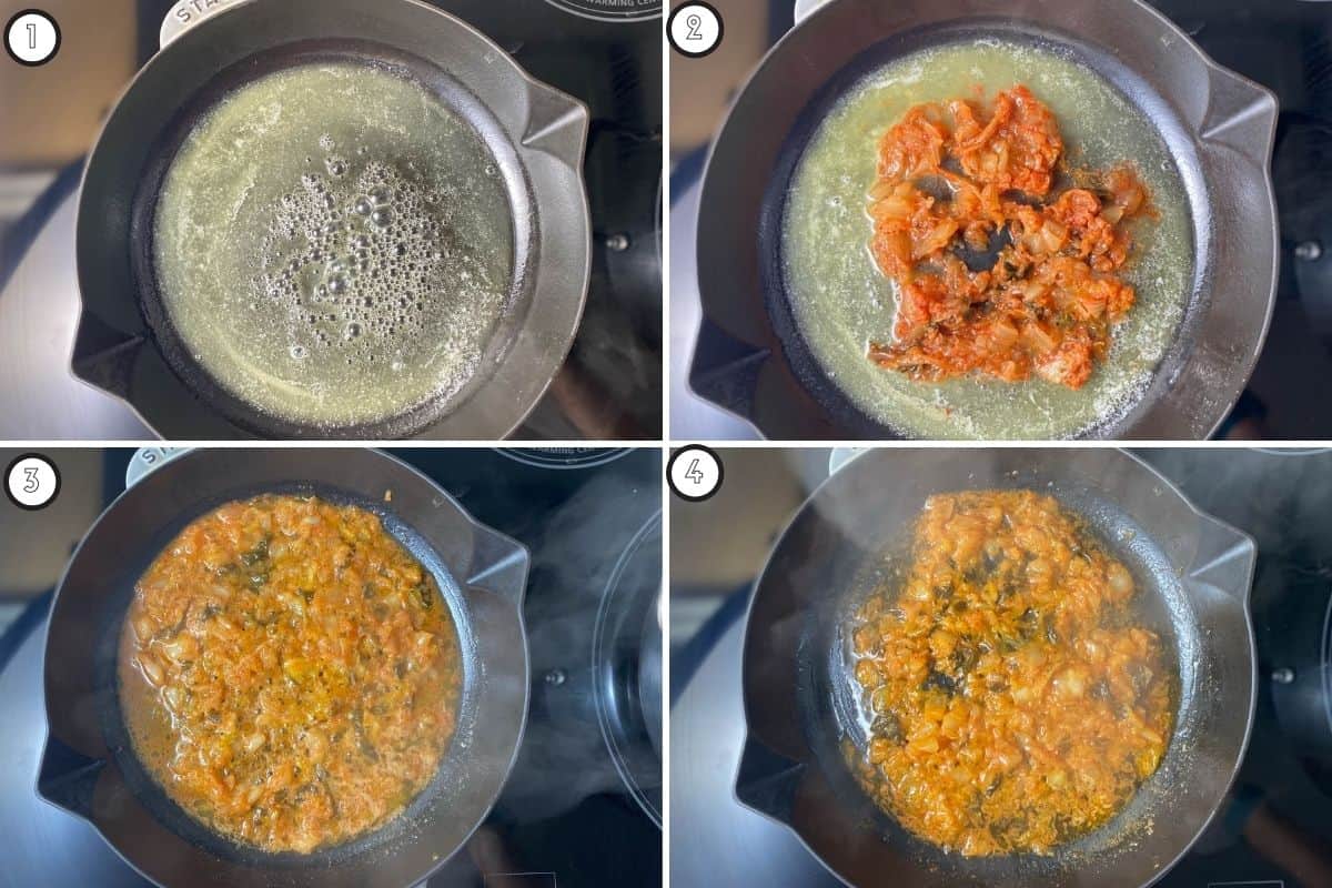 Four step collage showing how to reduce kimchi in butter