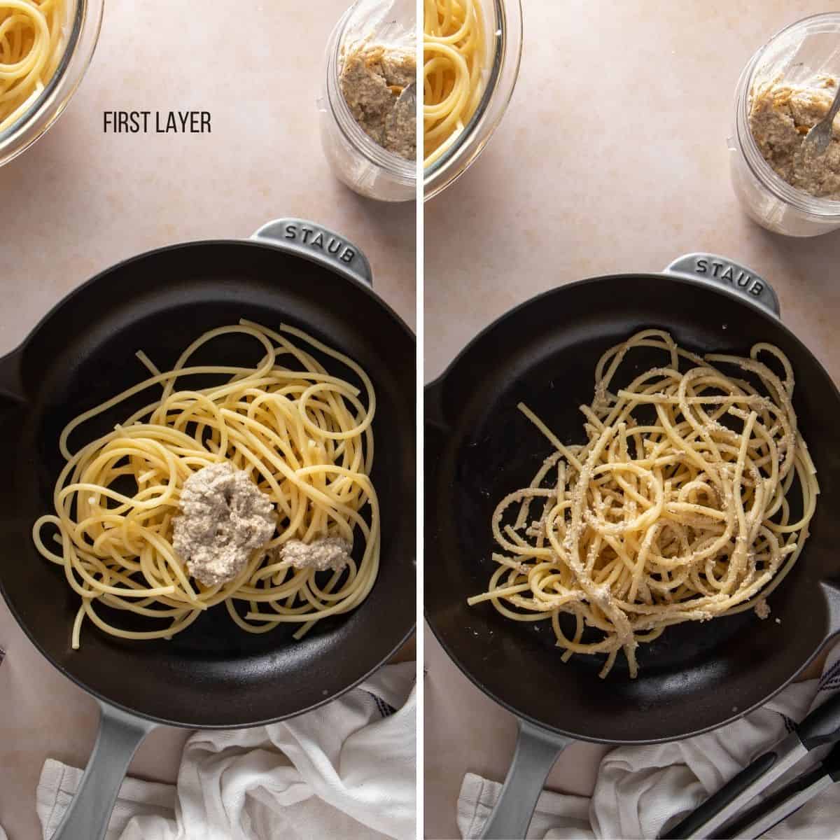 Collage showing the first layer of pasta with the cheese sauce on it (before and after mixing)