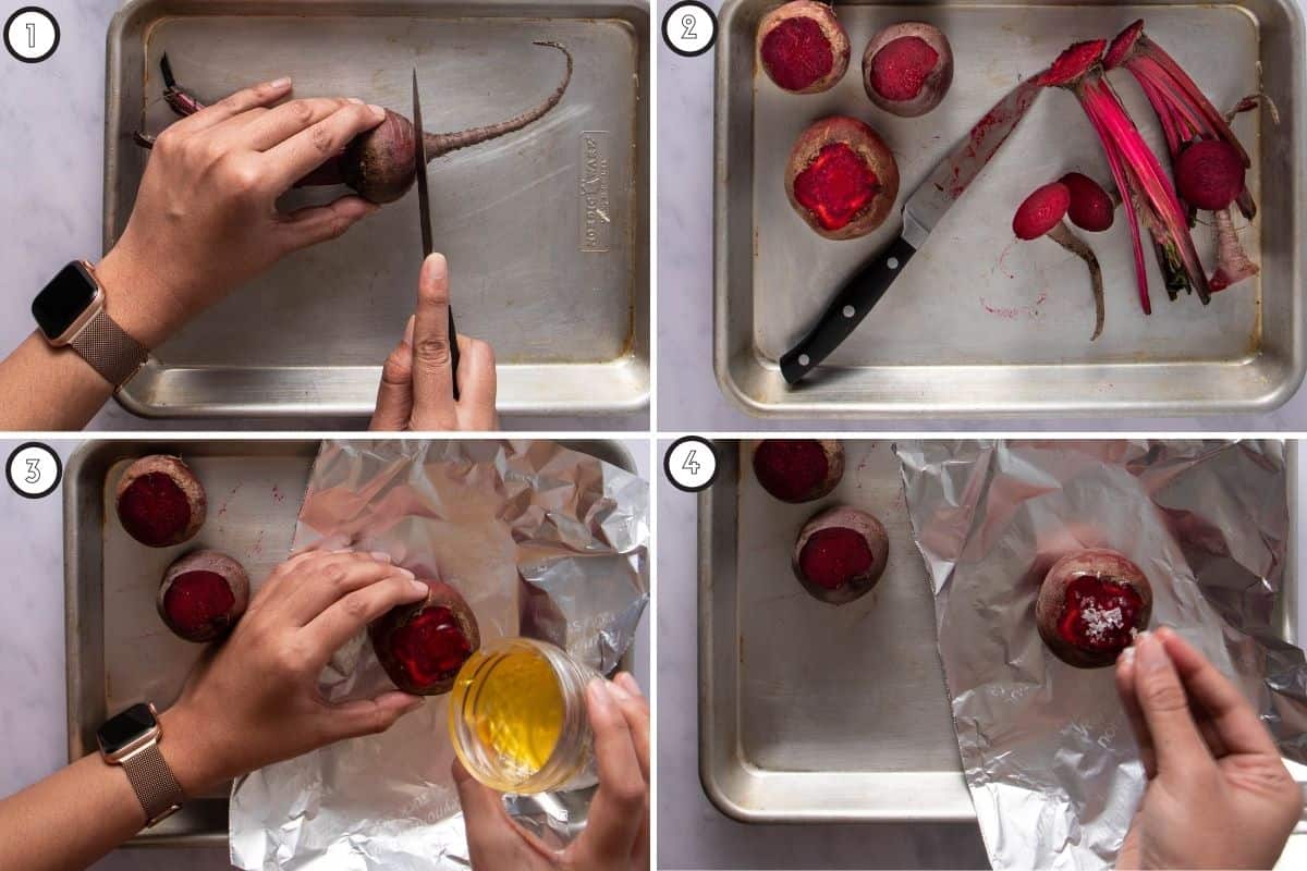 Four step process showing slicing beets (two shots) pouring olive oil and then adding salt and pepper