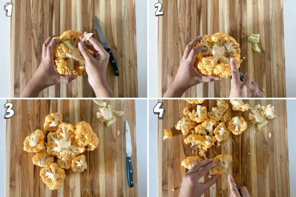 Four step collage showing how to break down whole cauliflower