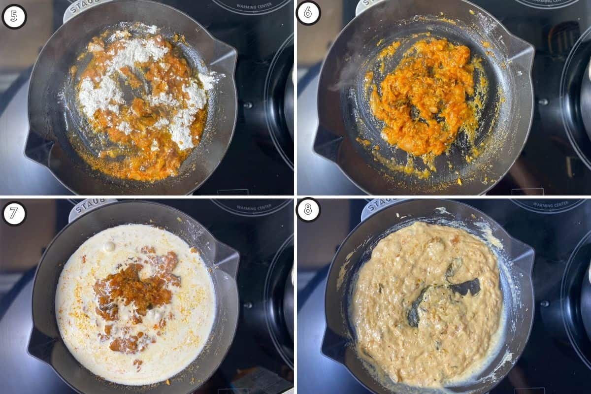 Four step collage showing how to make roux and mornay