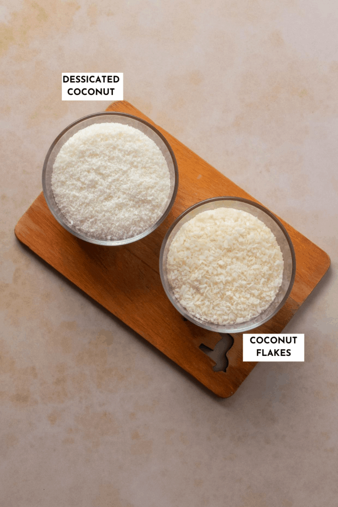 Labeled picture of dessicated coconut and shredded coconut