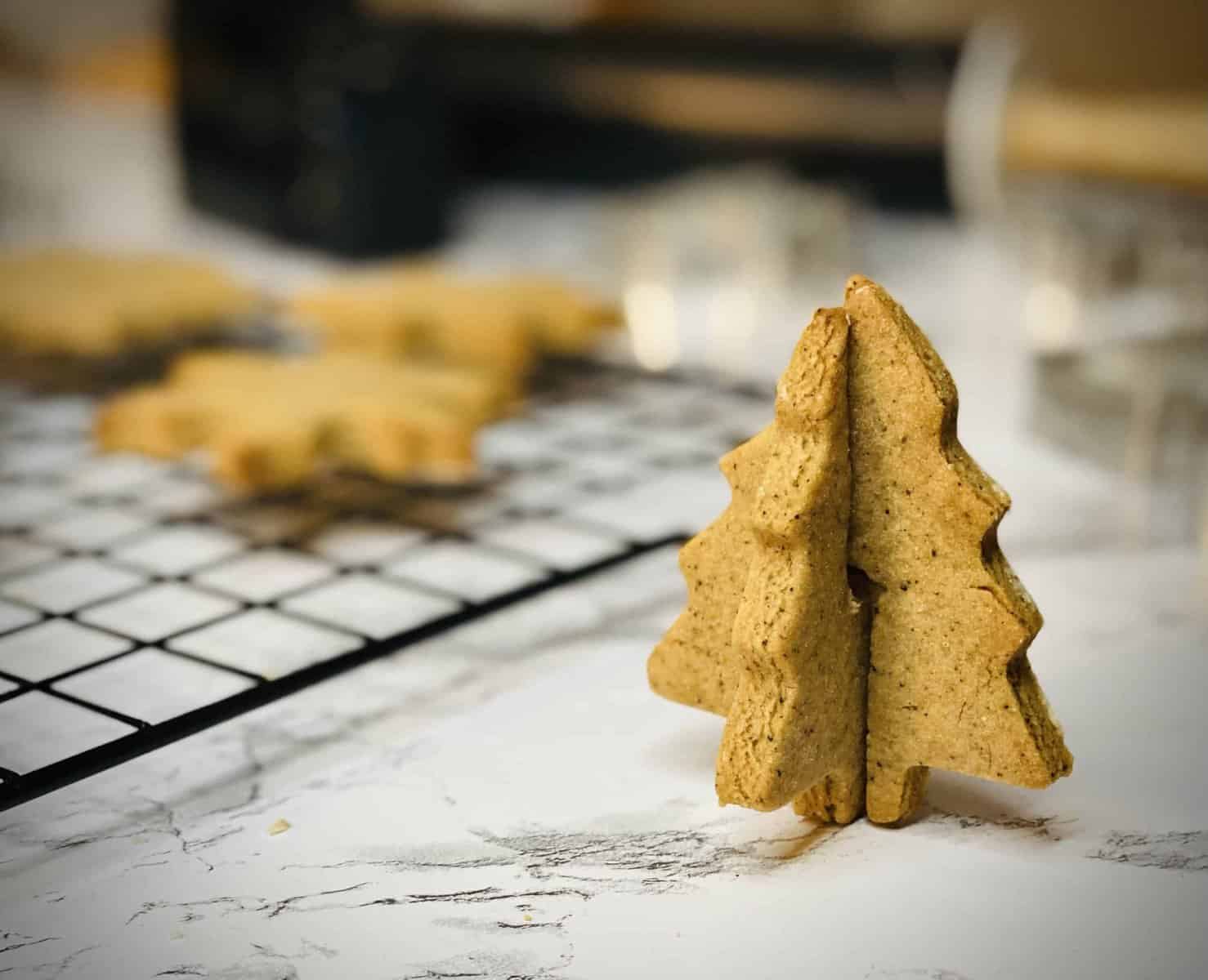 A straight view of vegan chai espresso gingerbread cookies in a Christmas tree shape. 
