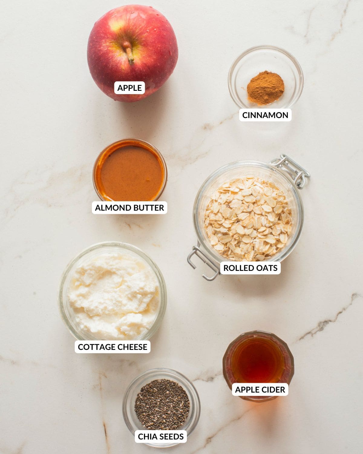 Overhead image of the ingredients for apple pie chia overnight oats.