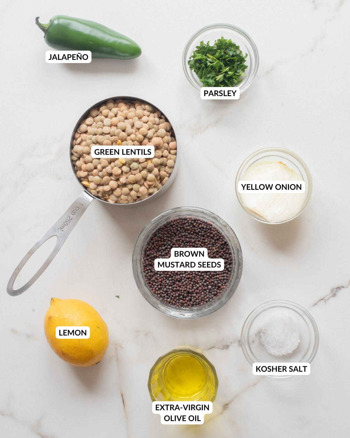 Overhead image of the ingredients for azifa Ethiopian lentil sala