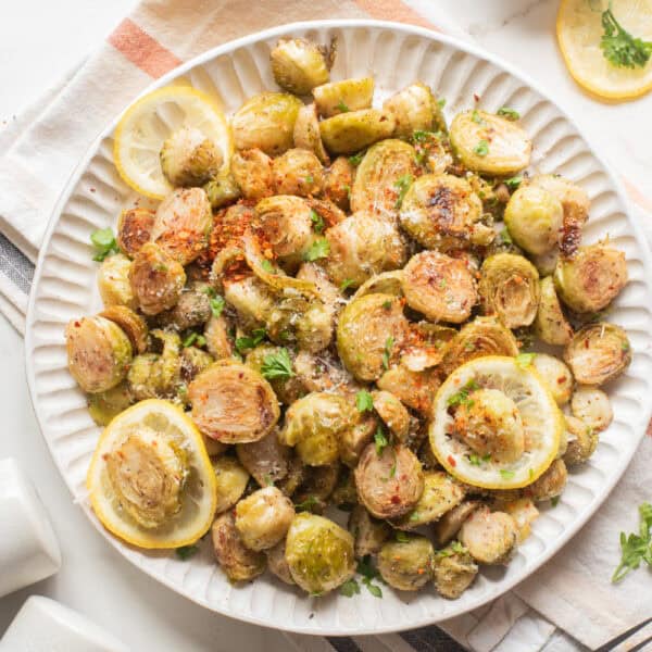 Air fryer Brussels sprouts on a plate.
