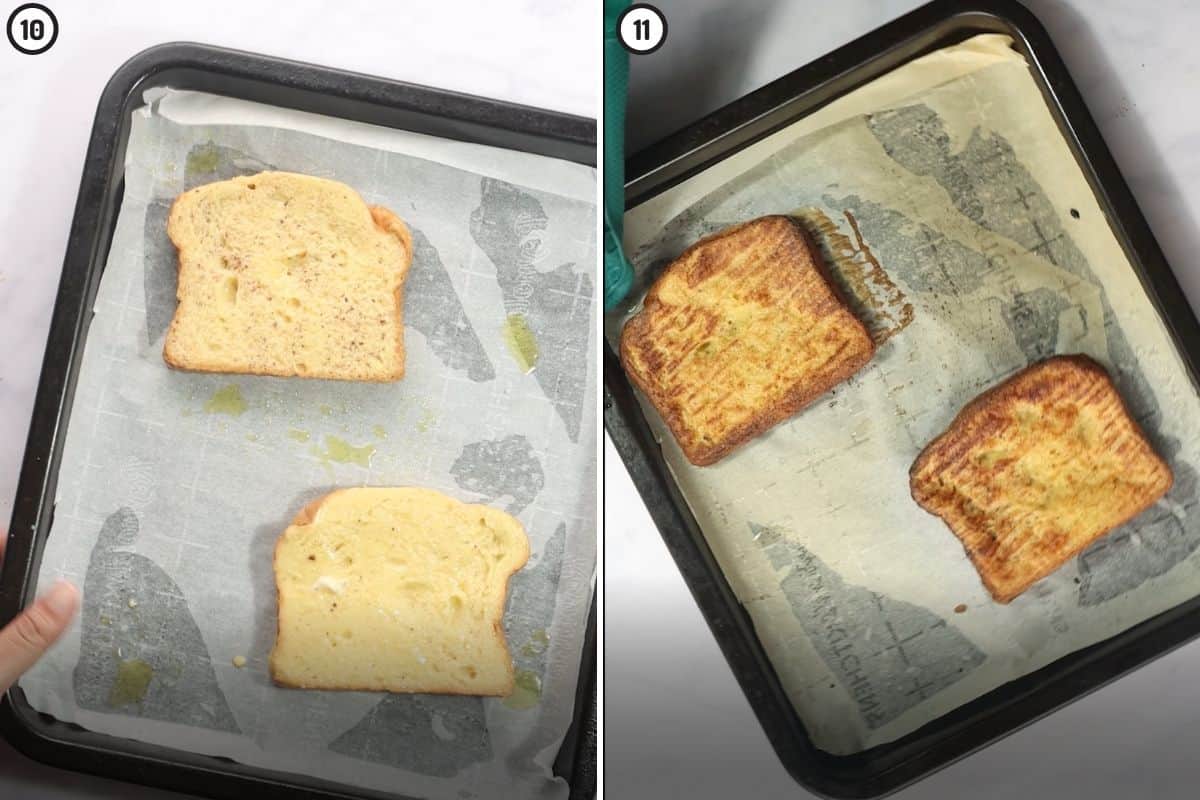 Two panel collage showing before and after air frying French toast