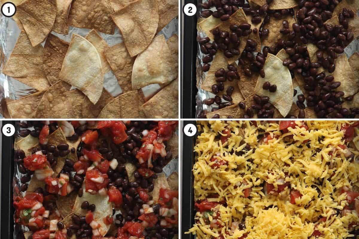 Four panel collage (top left to bottom right) showing tortilla chips, black beans, salsa and cheese being layered on air fryer tray