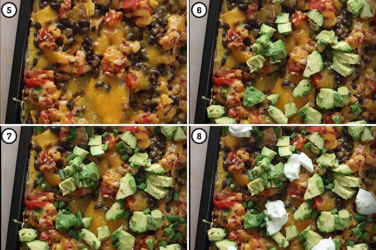 Four panel collage (top left to bottom right) showing air fried nachos and toppings (avocado, green onions, sour cream) 