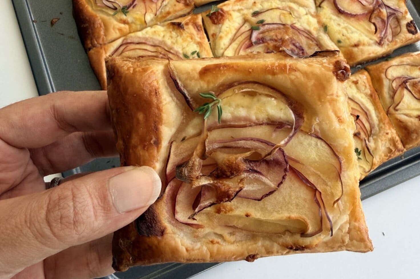 Hand holding one square of apple cheddar tart