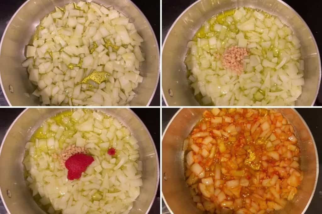 Four panel collage showing sautéing of onions, then garlic, then tomato paste and final consistency