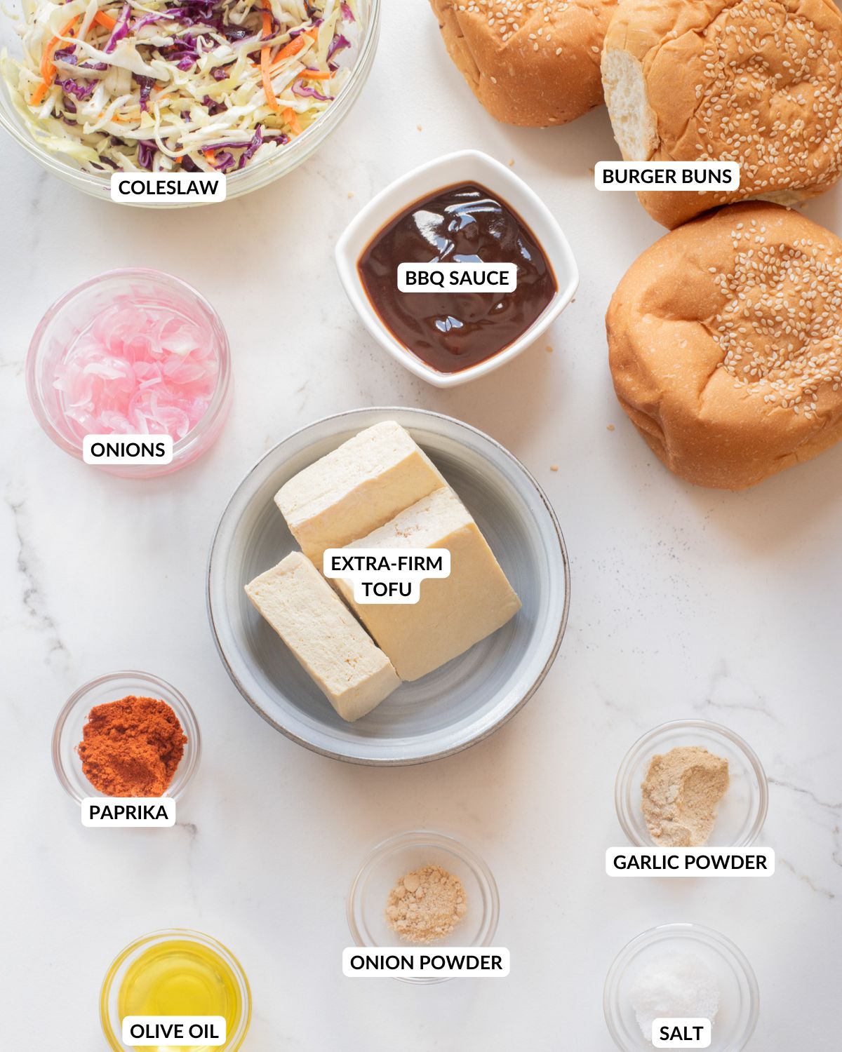 An overhead image of the ingredients of BBQ tofu sandwich.
