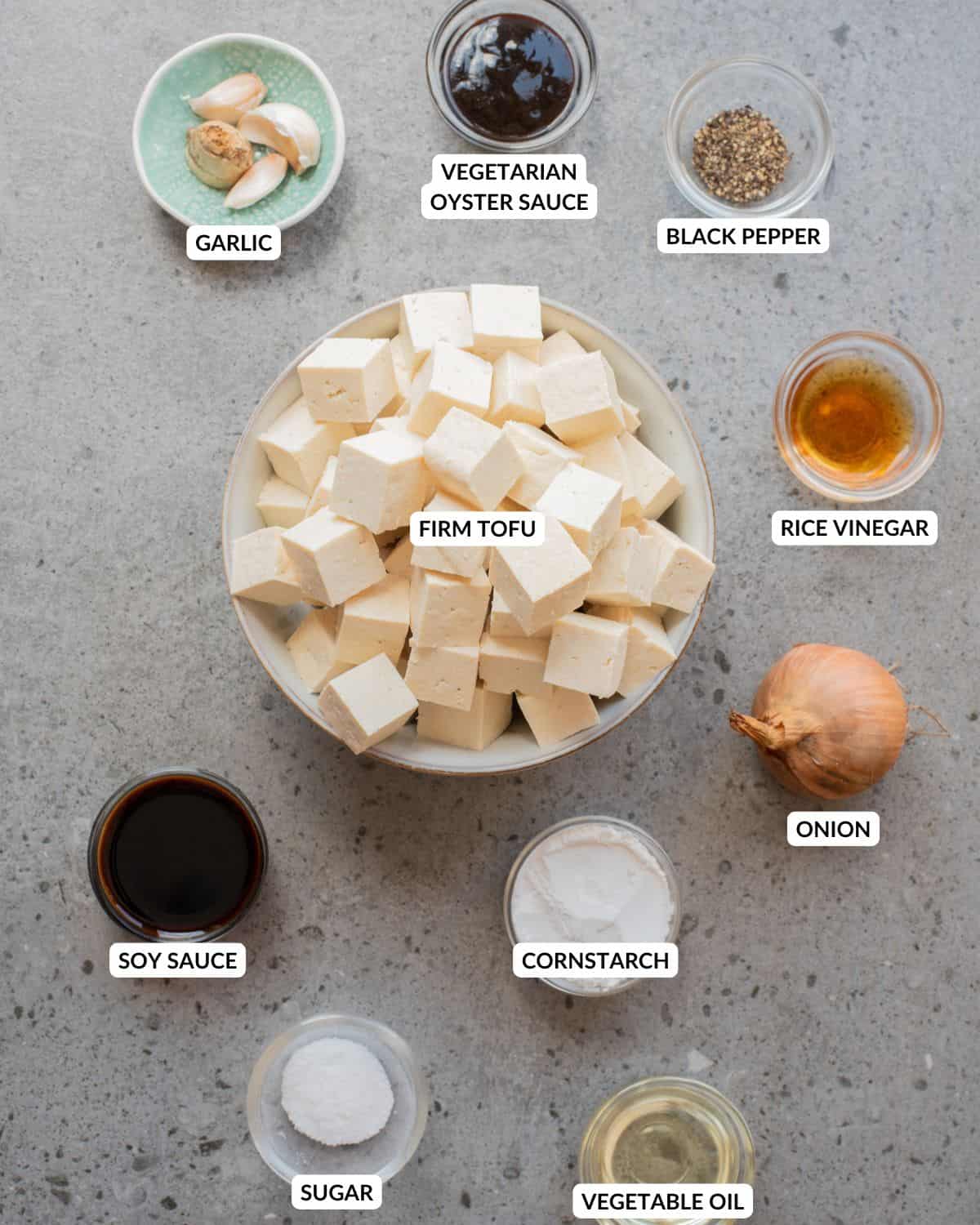 An overhead image of the ingredients of black pepper tofu.