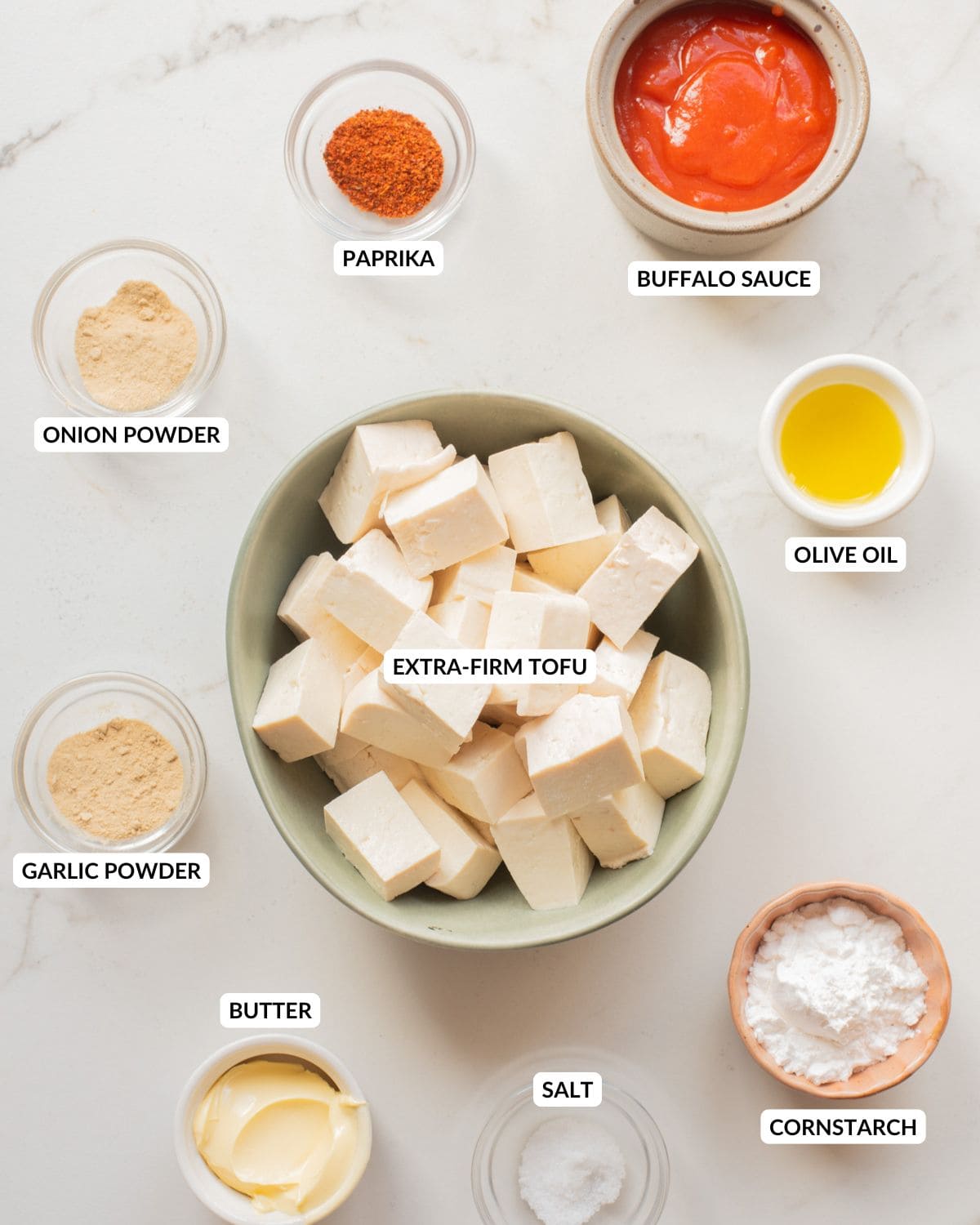 An overhead image of the ingredients of buffalo tofu.