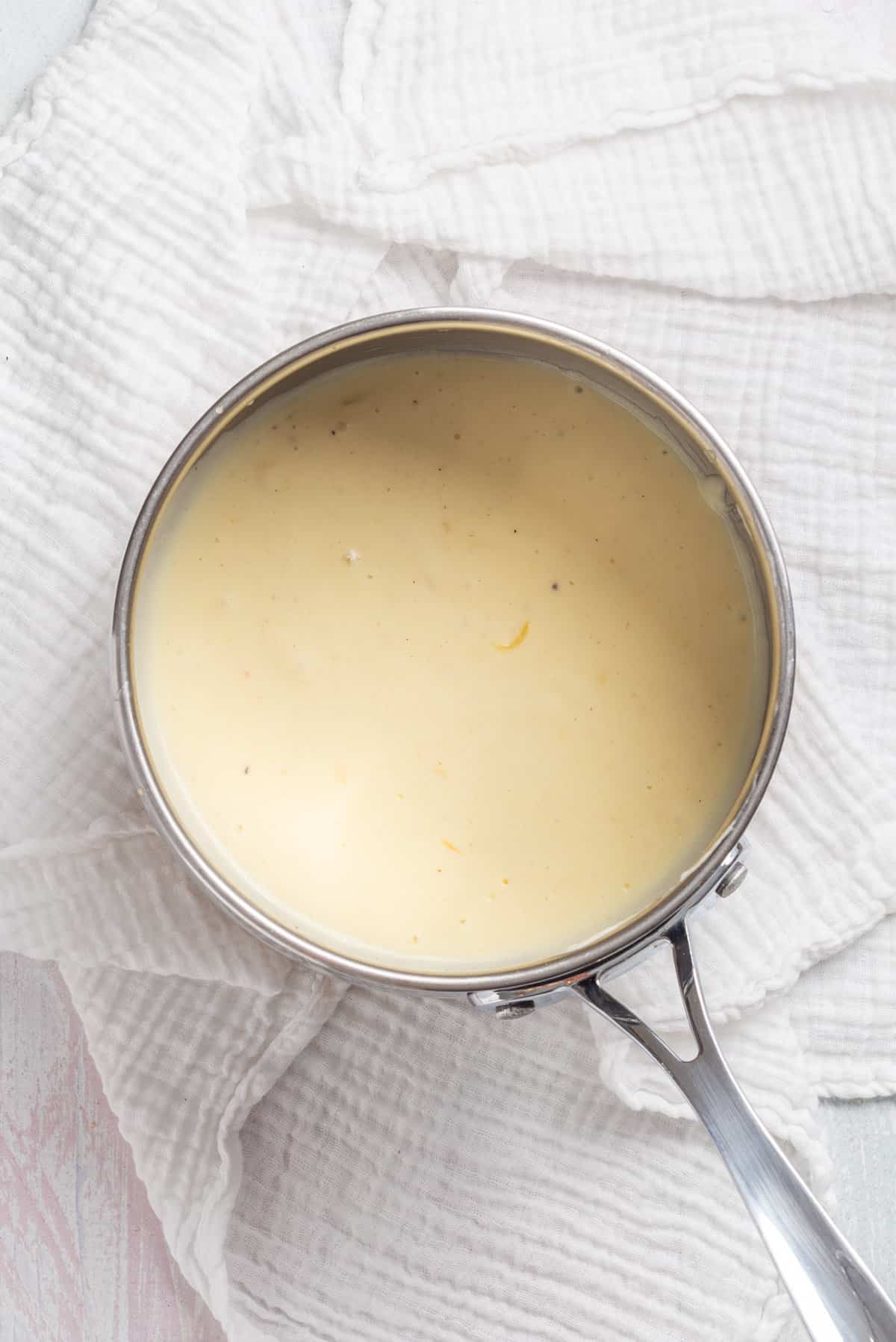 An overhead image of the cooked mornay sauce.
