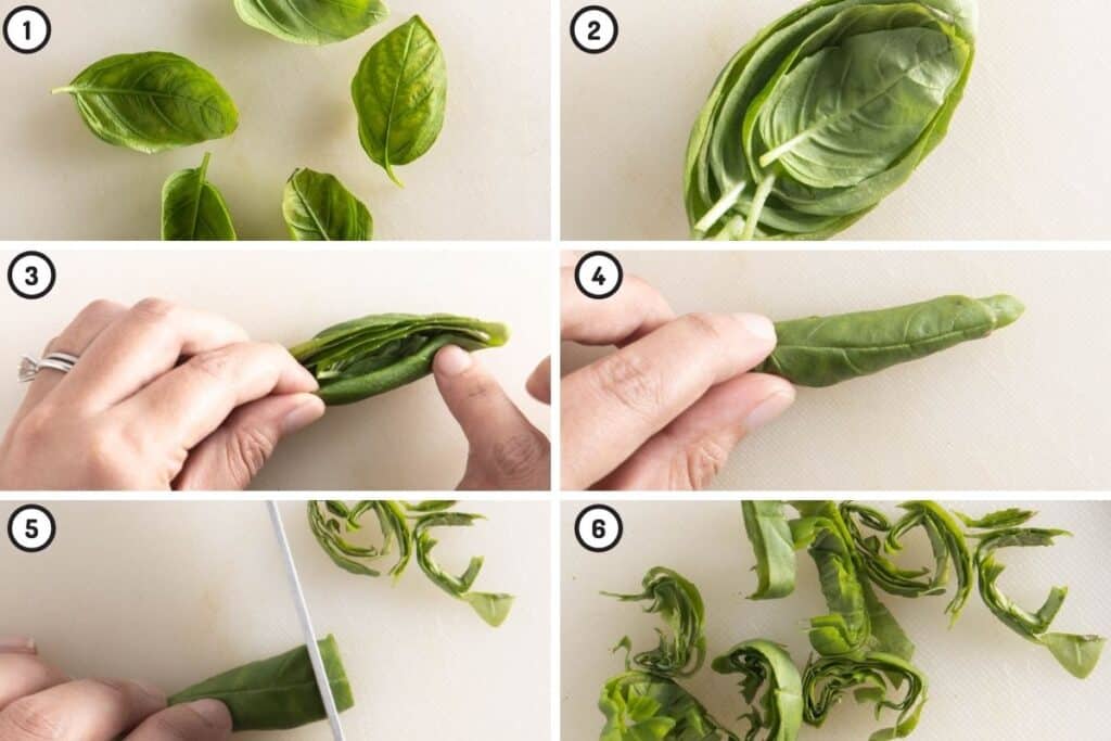 Six step collage showing how to stack, roll, and then slice basil leaves into a chiffonade cut