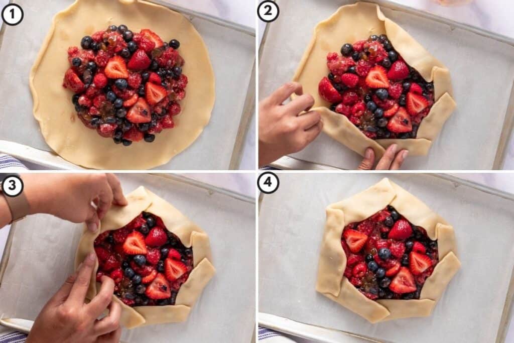 Four step collage showing how to fold the galette