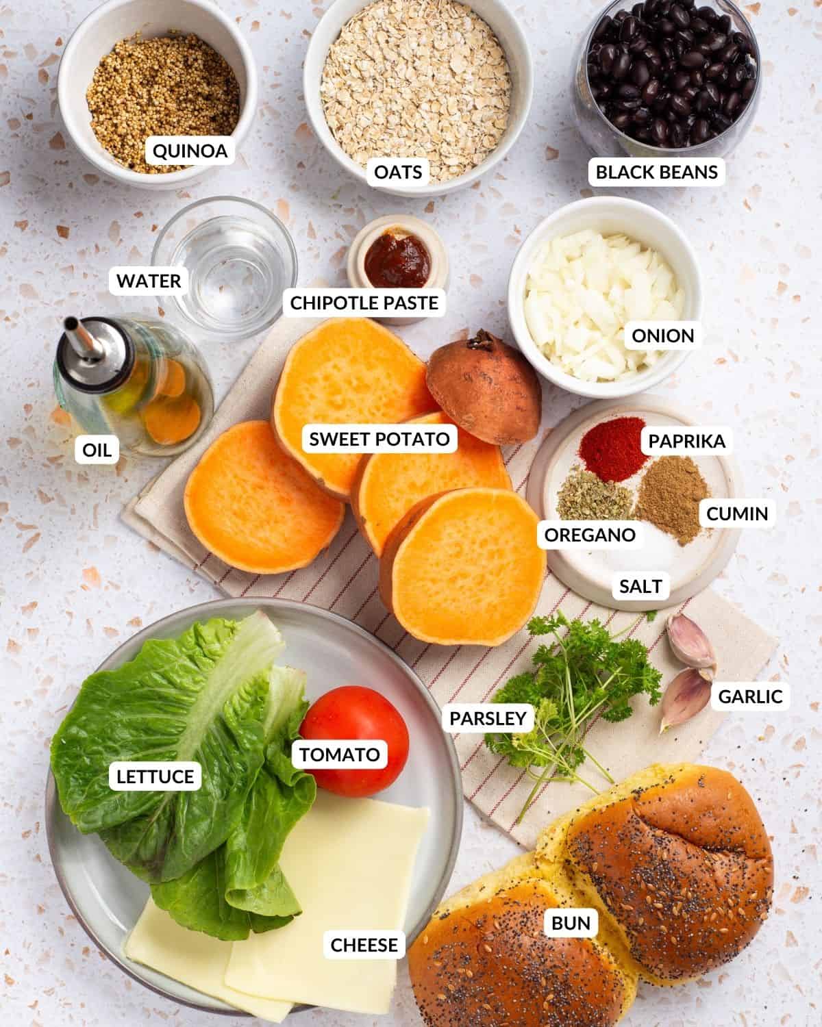Overhead image of ingredients needed for the recipe, labeled 