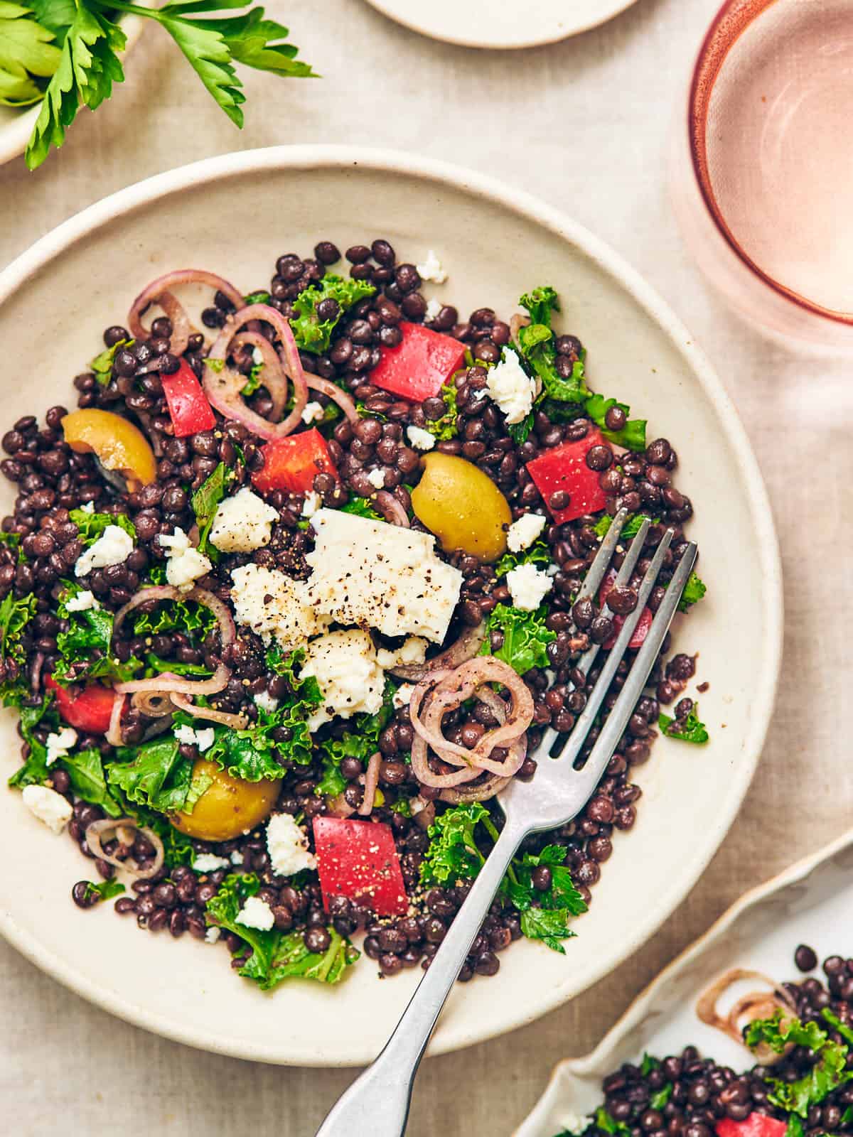 Overhead view of black lentil salad with feta and kale placed on a white plate with a fork.