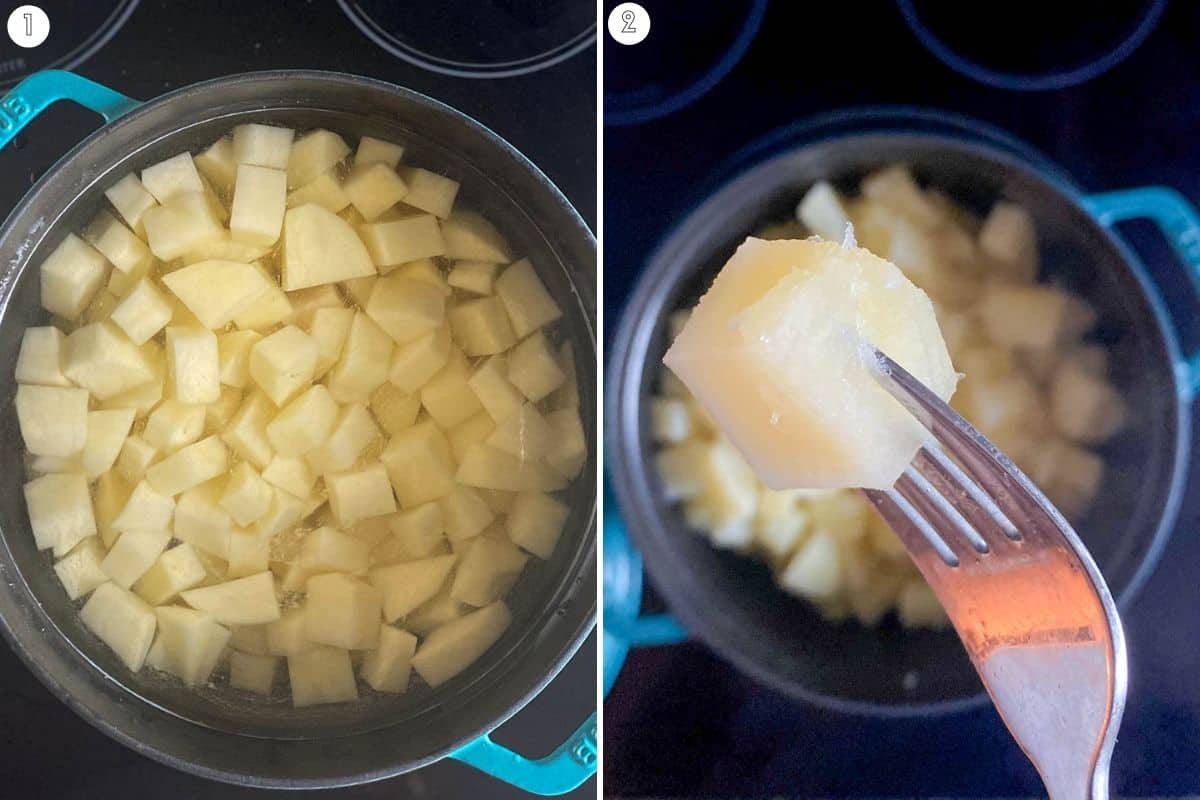 Two step collage showing potatoes boiling, fork through tender potato