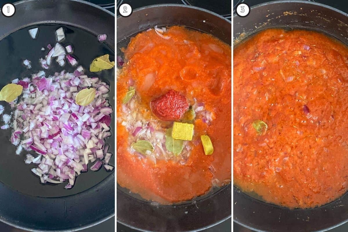Three step collage showing how to fry the base for the Jollof
