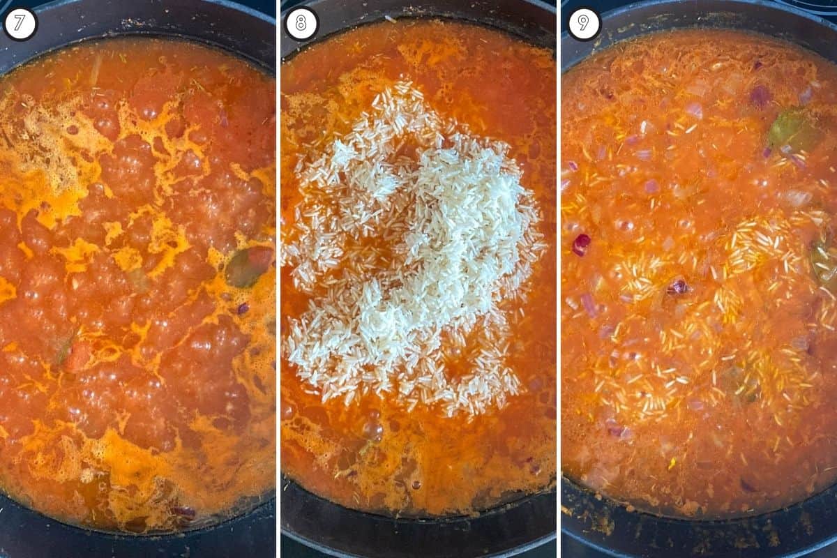 Three step collage showing the broth boiling, rice added, and rice cooking