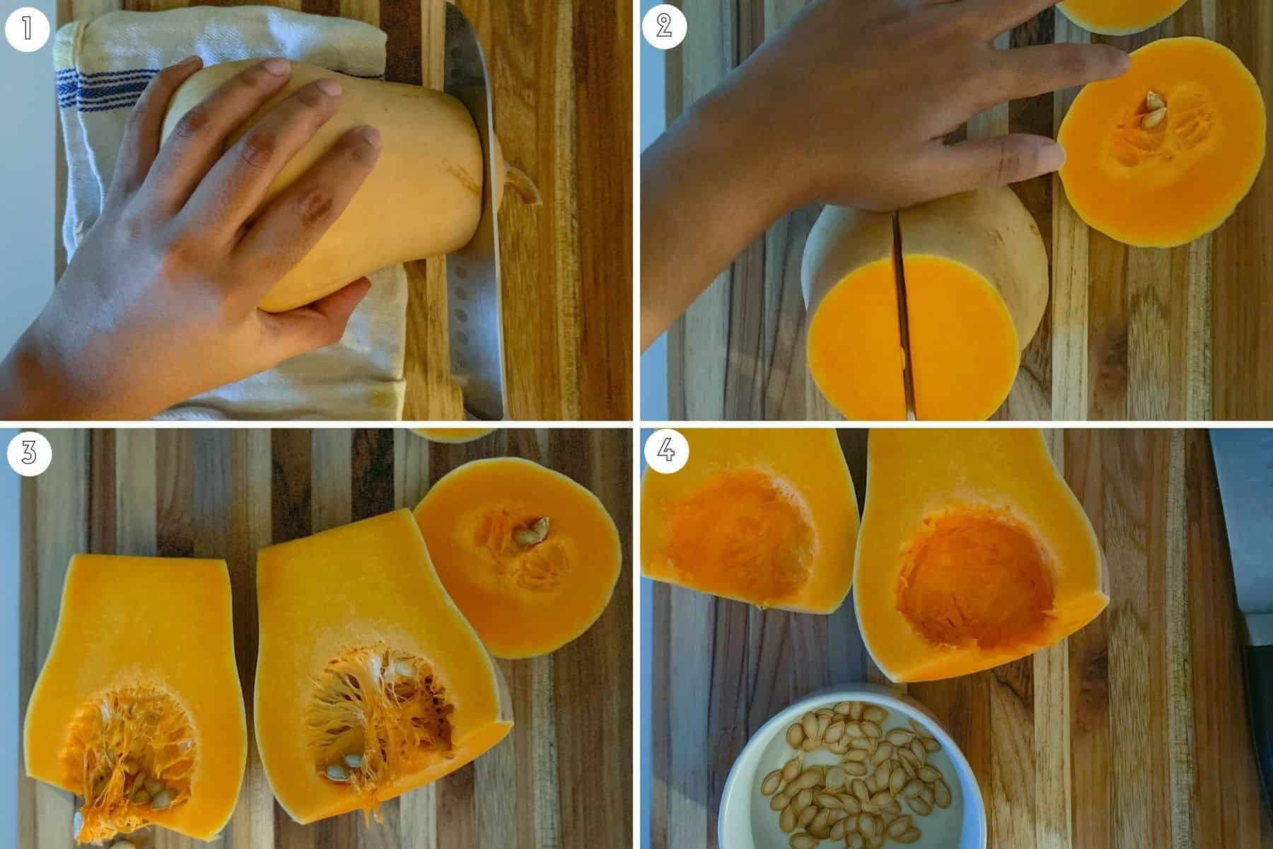 Four step collage showing how to prepare butternut squash for roasting
