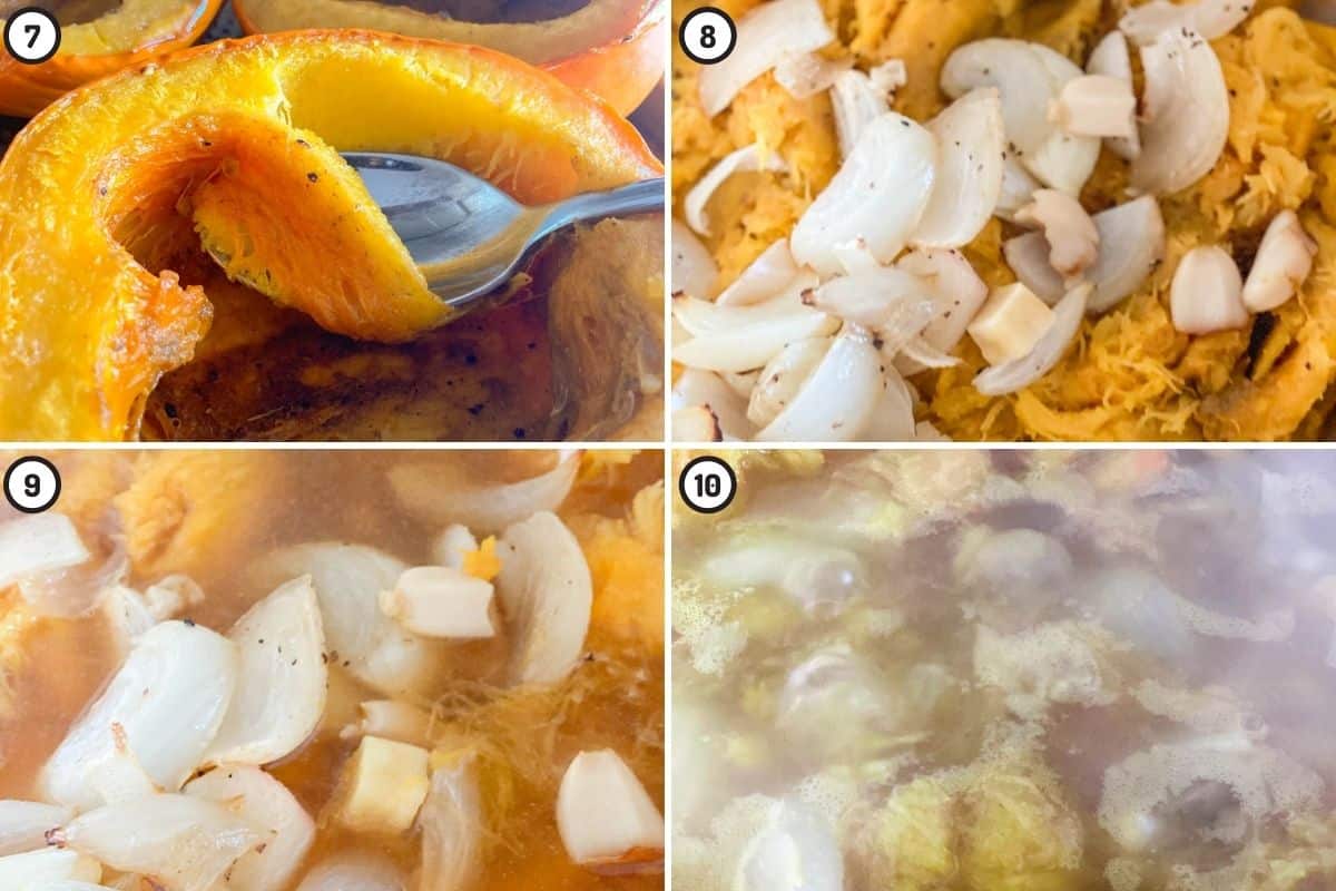 Four panel collage showing how to scoop roasted pumpkin flesh, combine with other veg and broth and boil