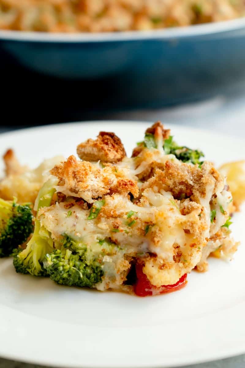 A straight view of the broccoli and cauliflower cheese bake placed on a white plate. 