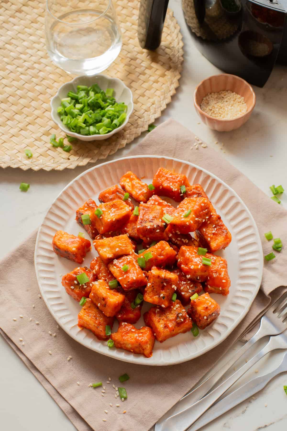 An overhead image of buffalo tofu on a plate.