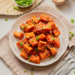 An overhead image of buffalo tofu on a plate.
