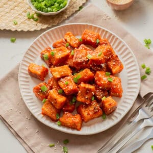 An overhead image of buffalo tofu on a plate.