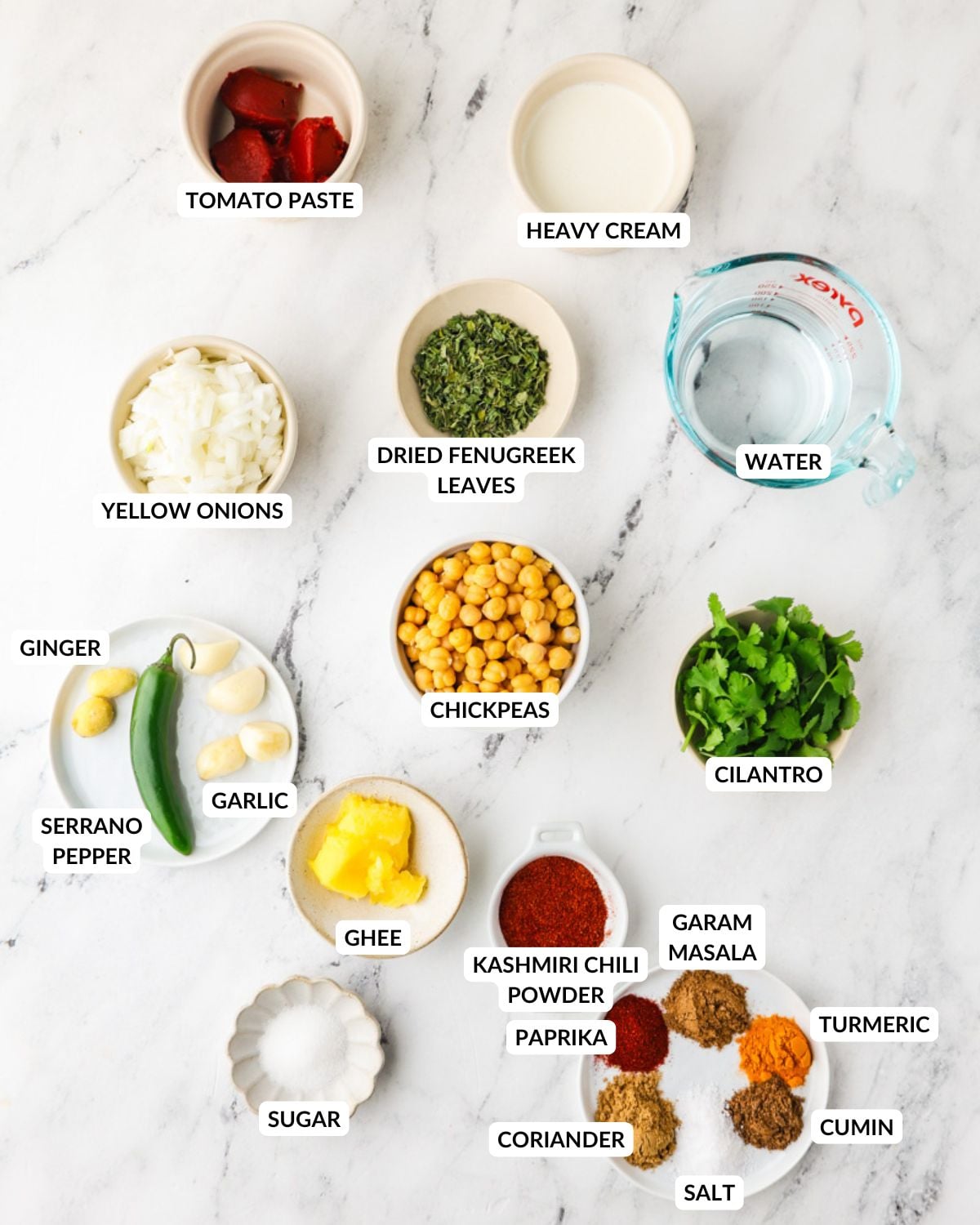 An overhead image of the ingredients of chickpea tikka masala.
