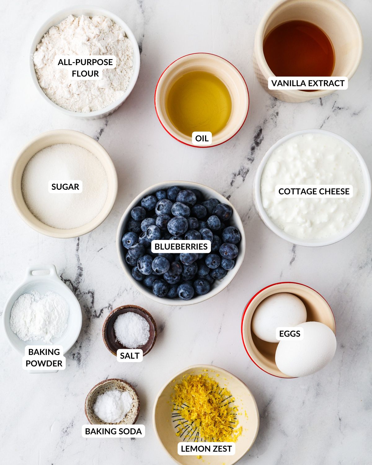 An overhead image of the ingredients of cottage cheese blueberry muffins.