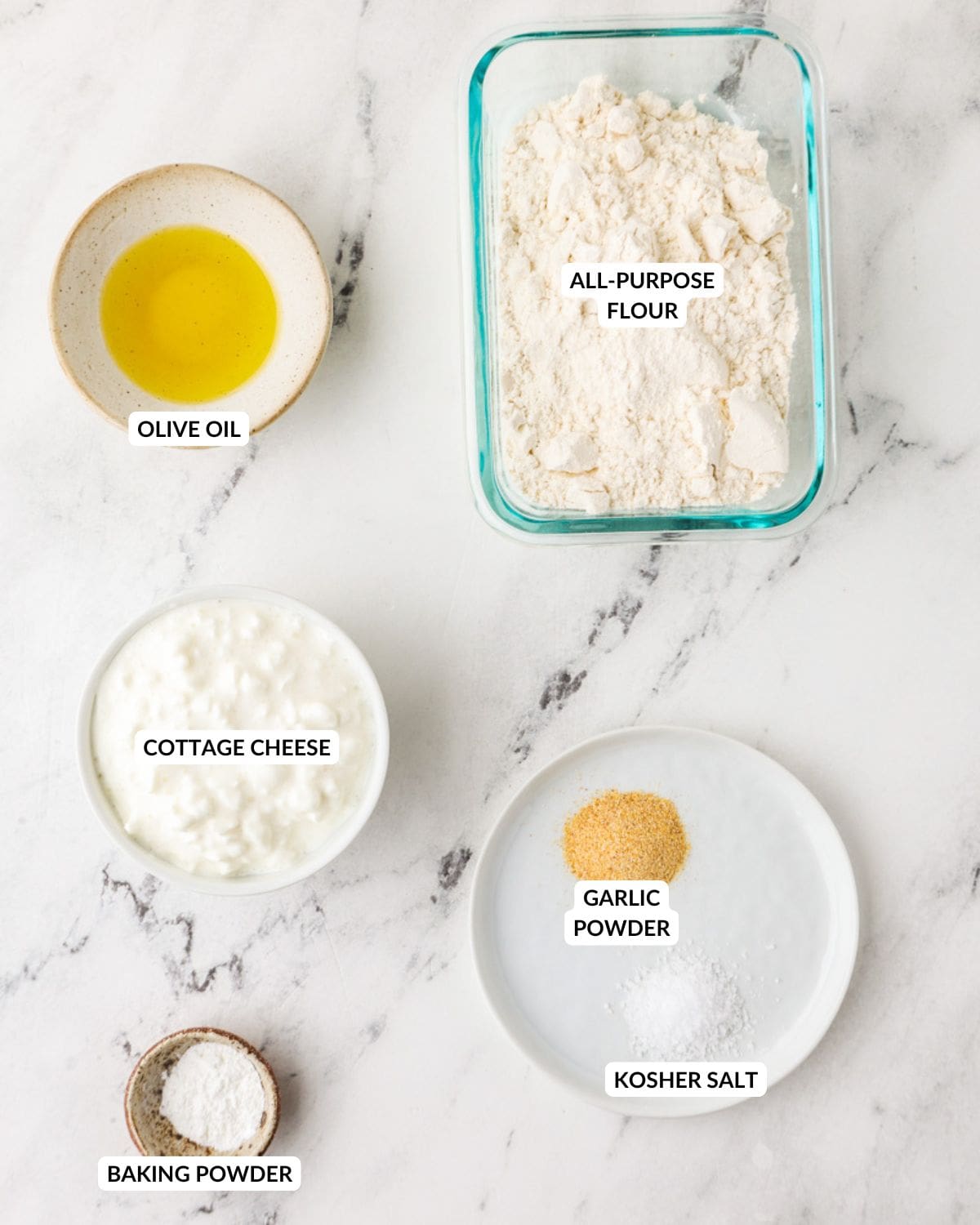 An overhead image of the ingredients of cottage cheese flatbread.