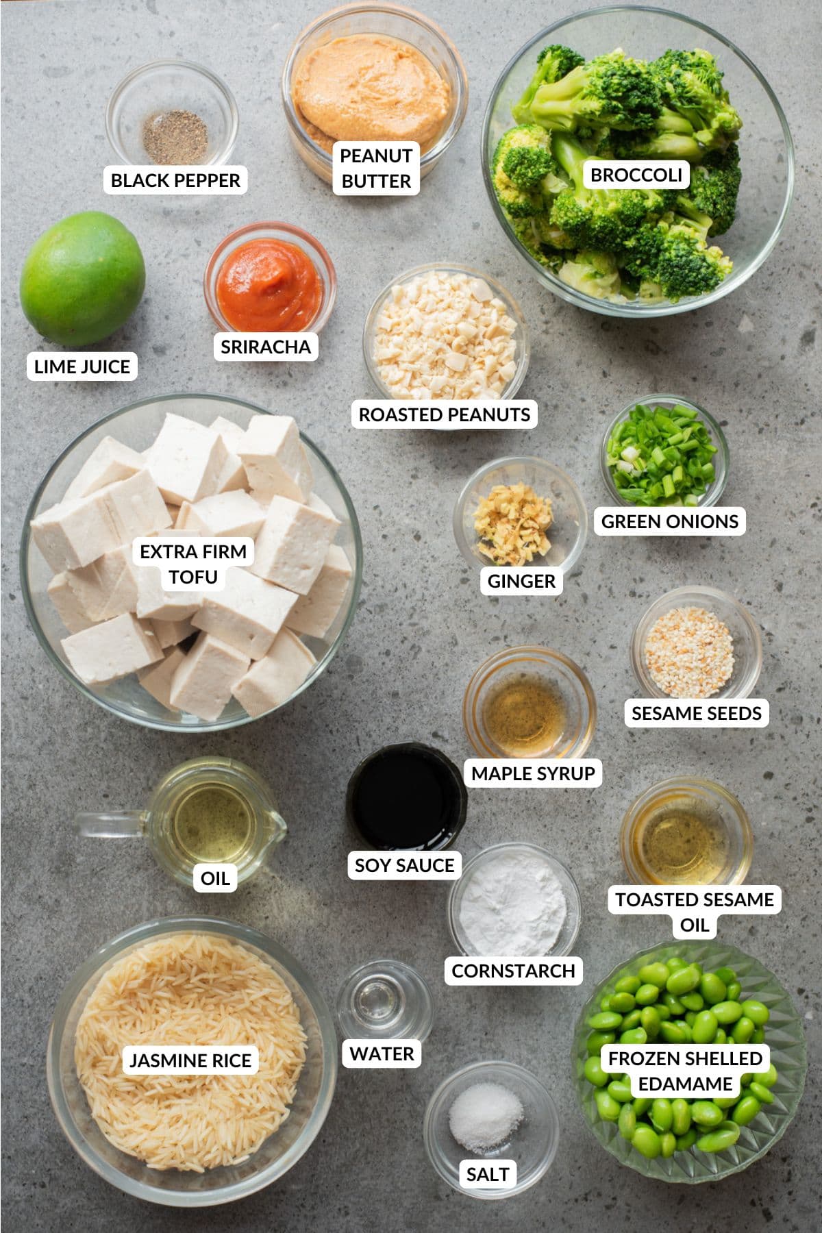 An overhead image of the ingredients of peanut tofu bowl.