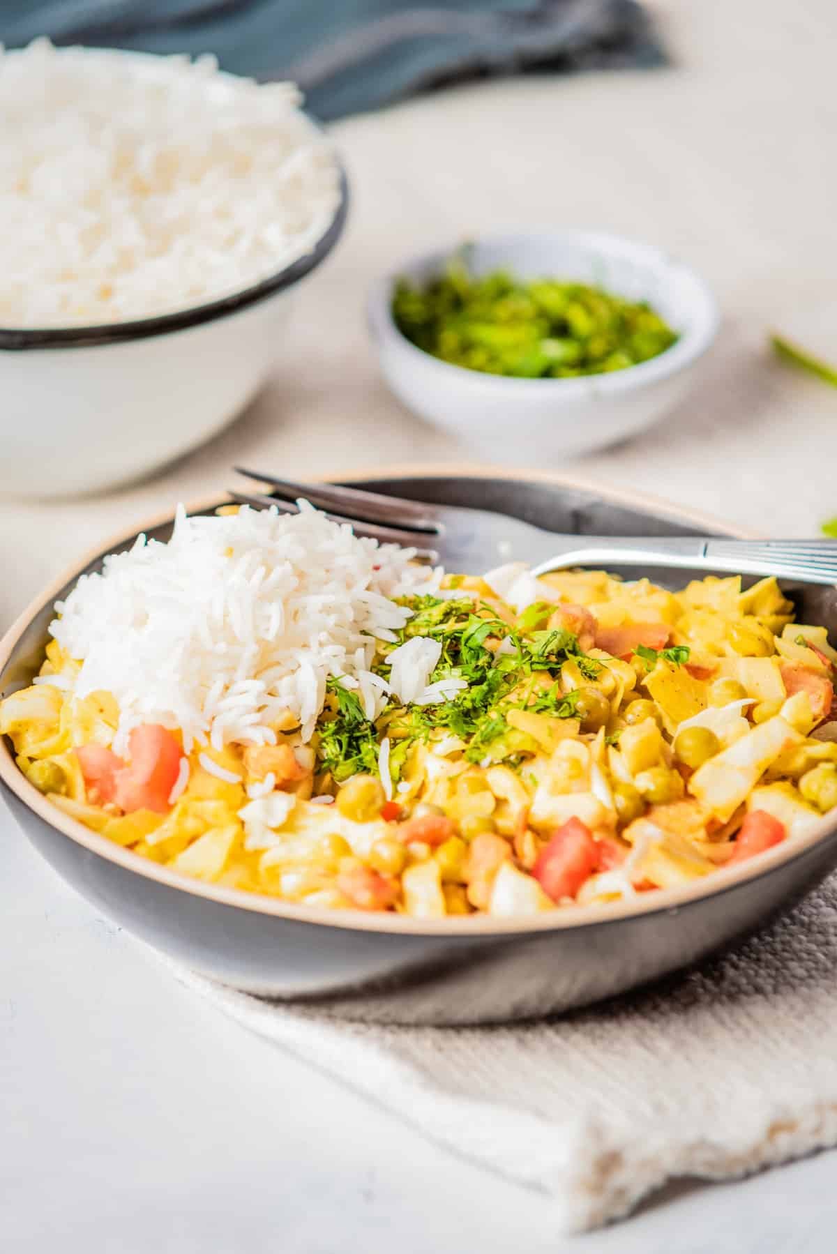 A close-up view of a cabbage curry with rice placed on a plate with a fork on the side. 