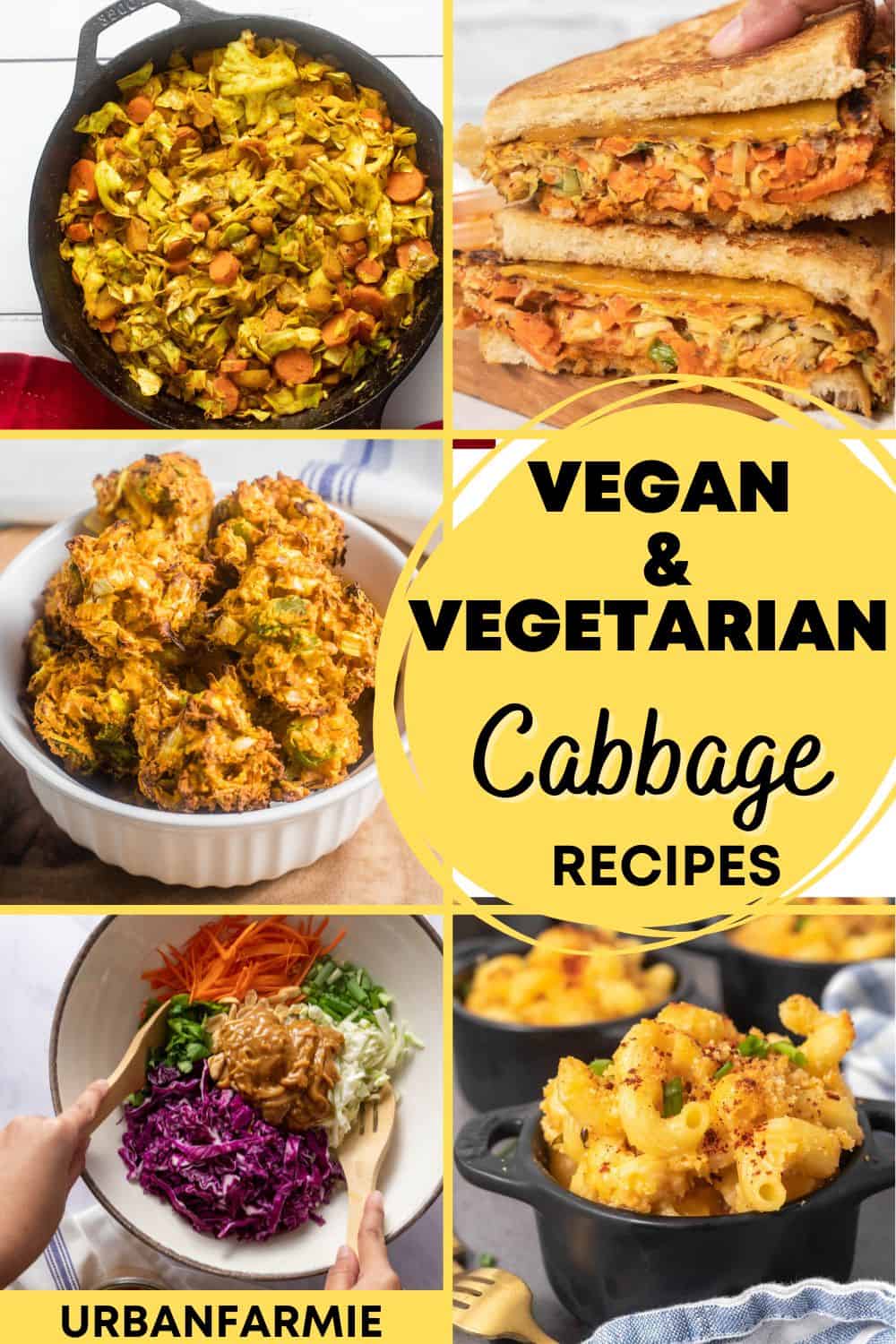Collage of cabbage recipes with post title in black text with yellow overlay. 