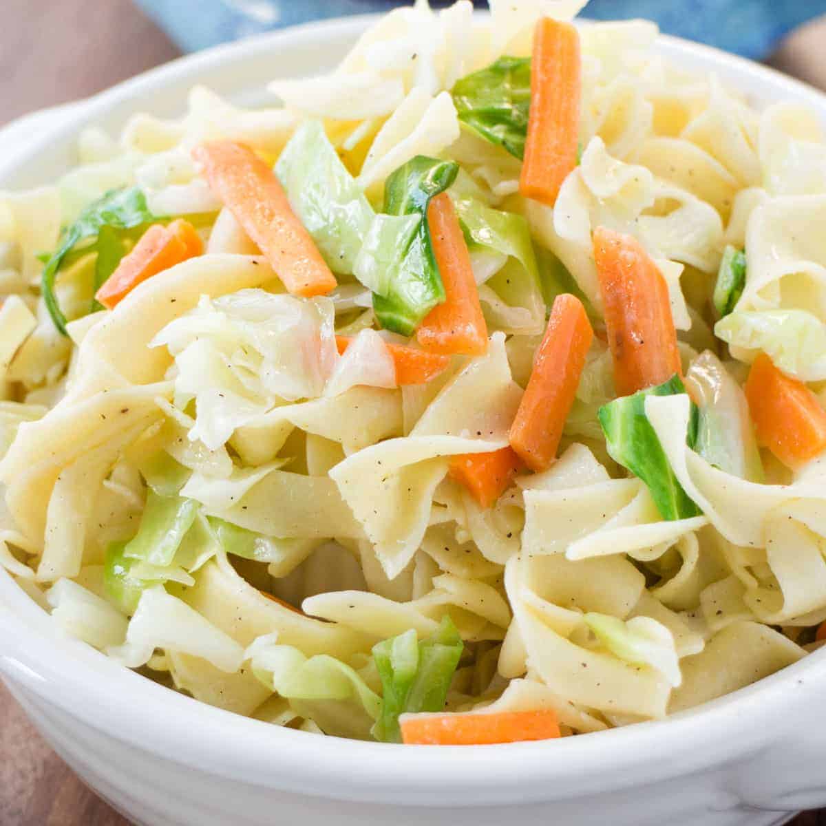 A straight view of cabbage and noodles in a white and blue bowl.