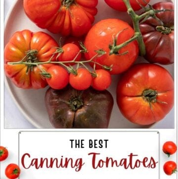 Graphic showing overhead view of tomatoes on a plate with text overlay.