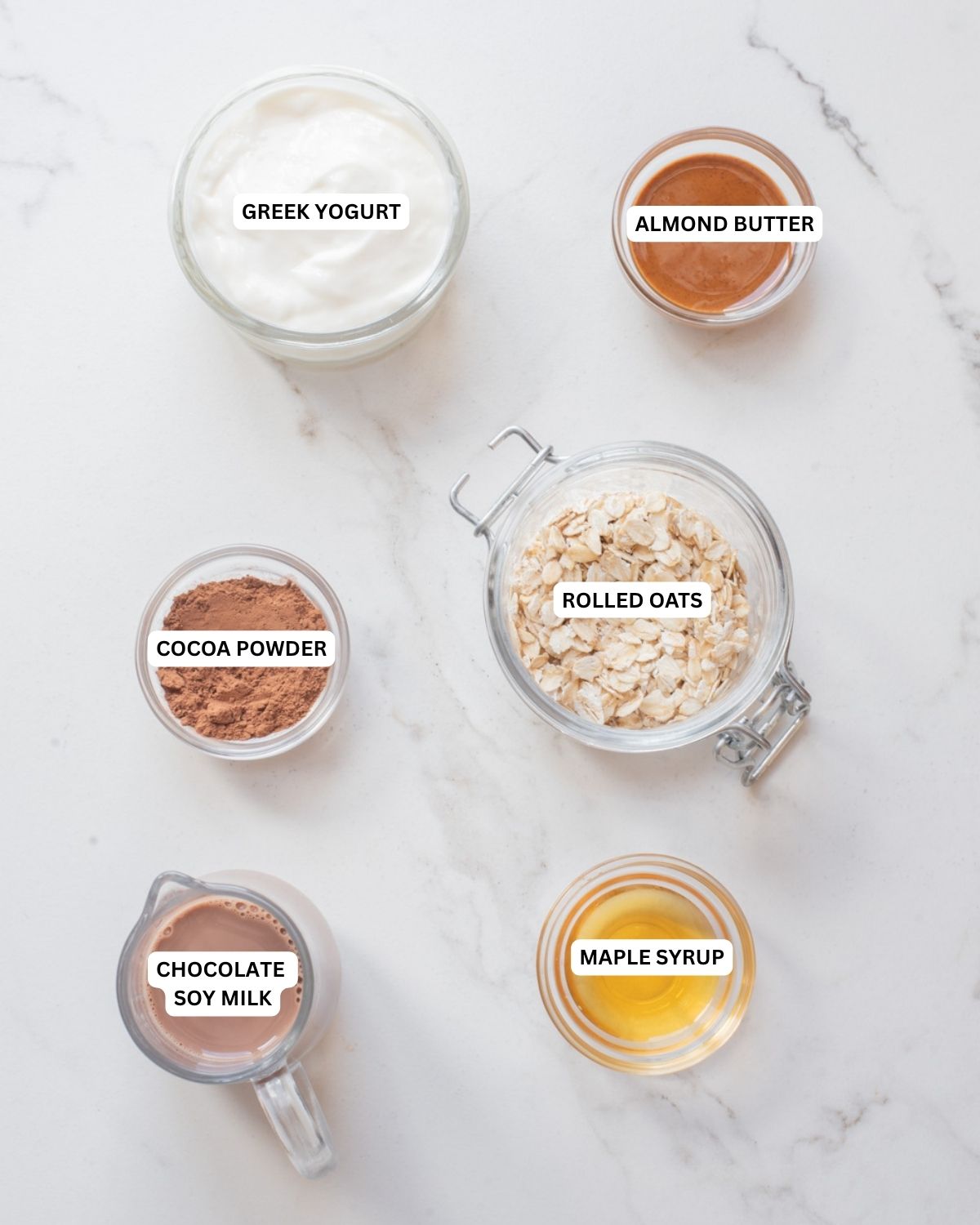 Image of the ingredients of chocolate overnight oats.