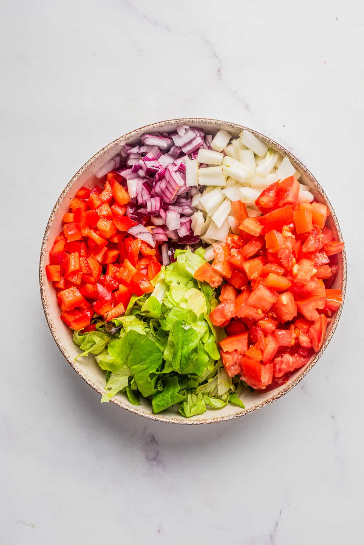 An overhead image of vegetables placed beside each other in a bowl, before being mixed together.