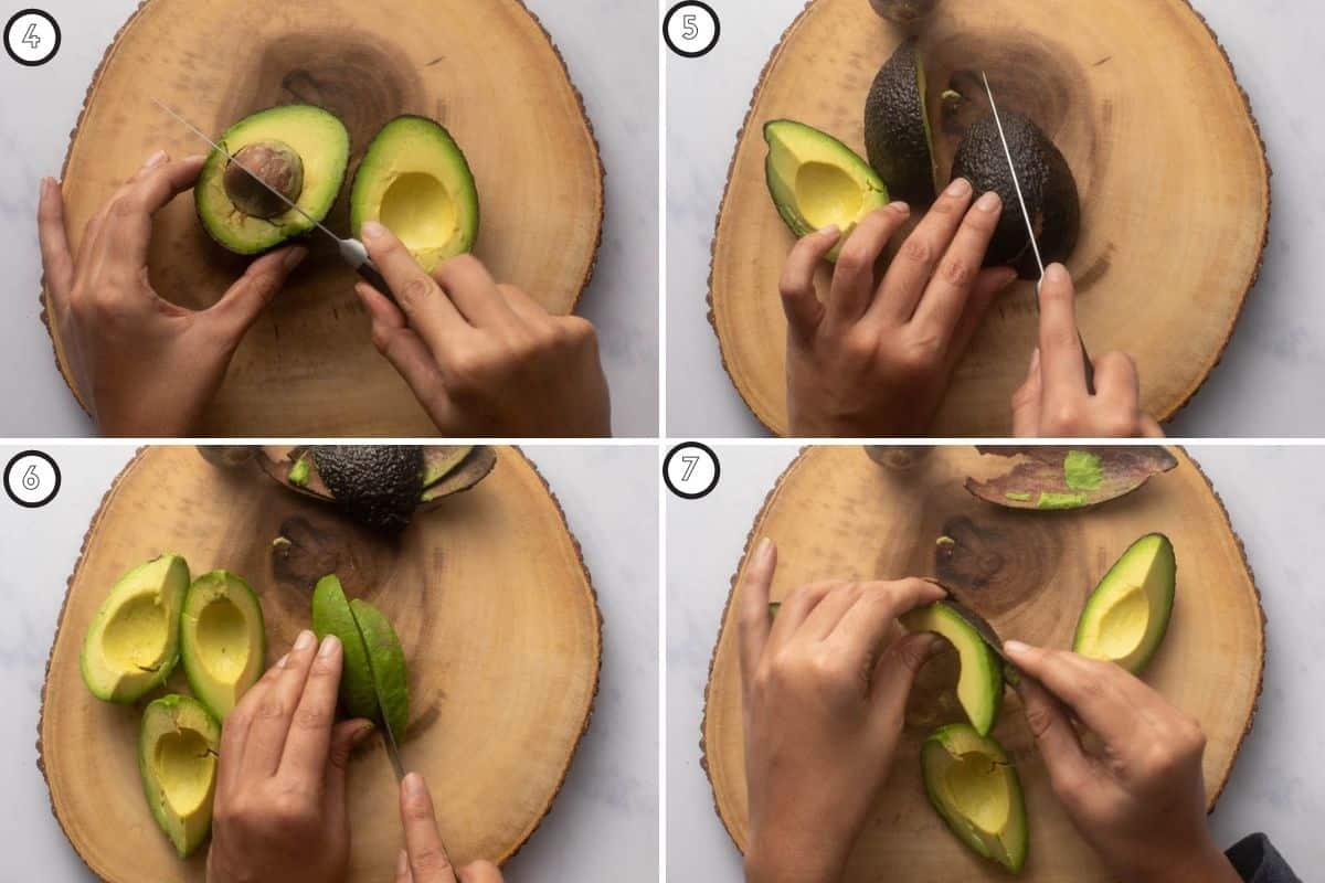 Four panel collage of slicing avocados