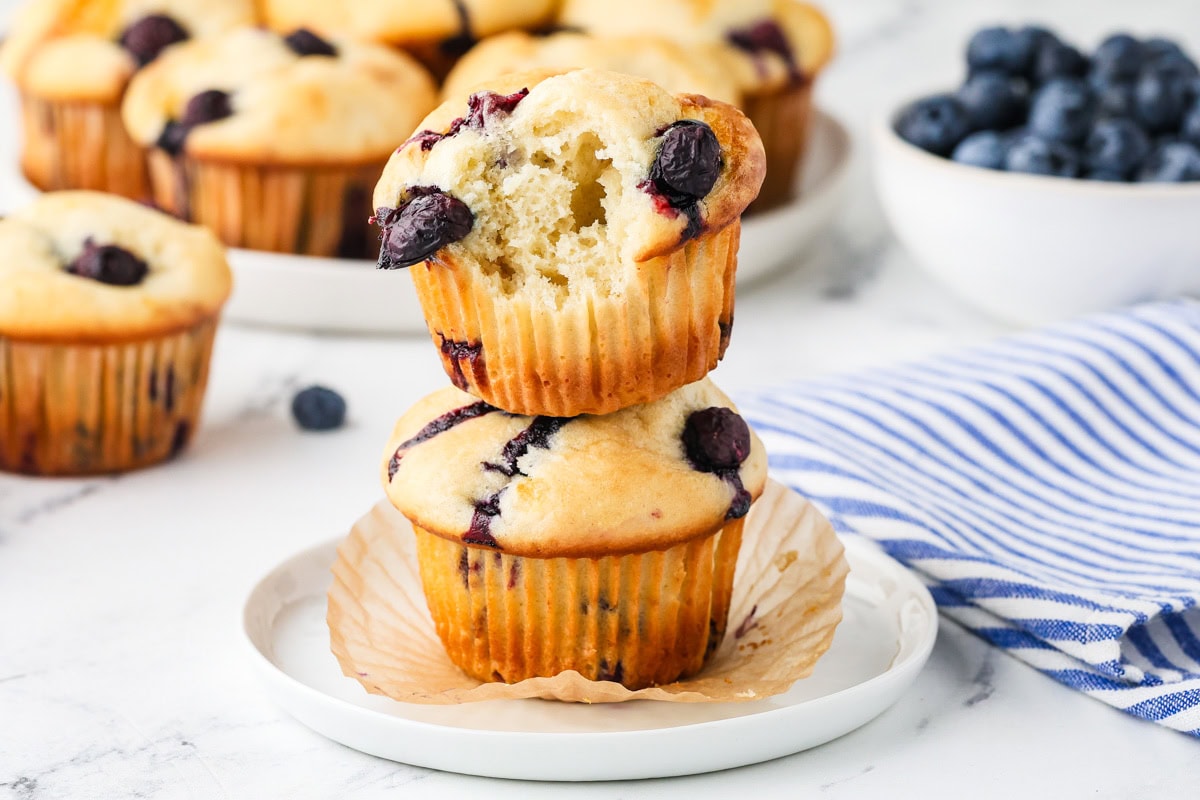 A close up image of cottage cheese blueberry muffins on a plate.