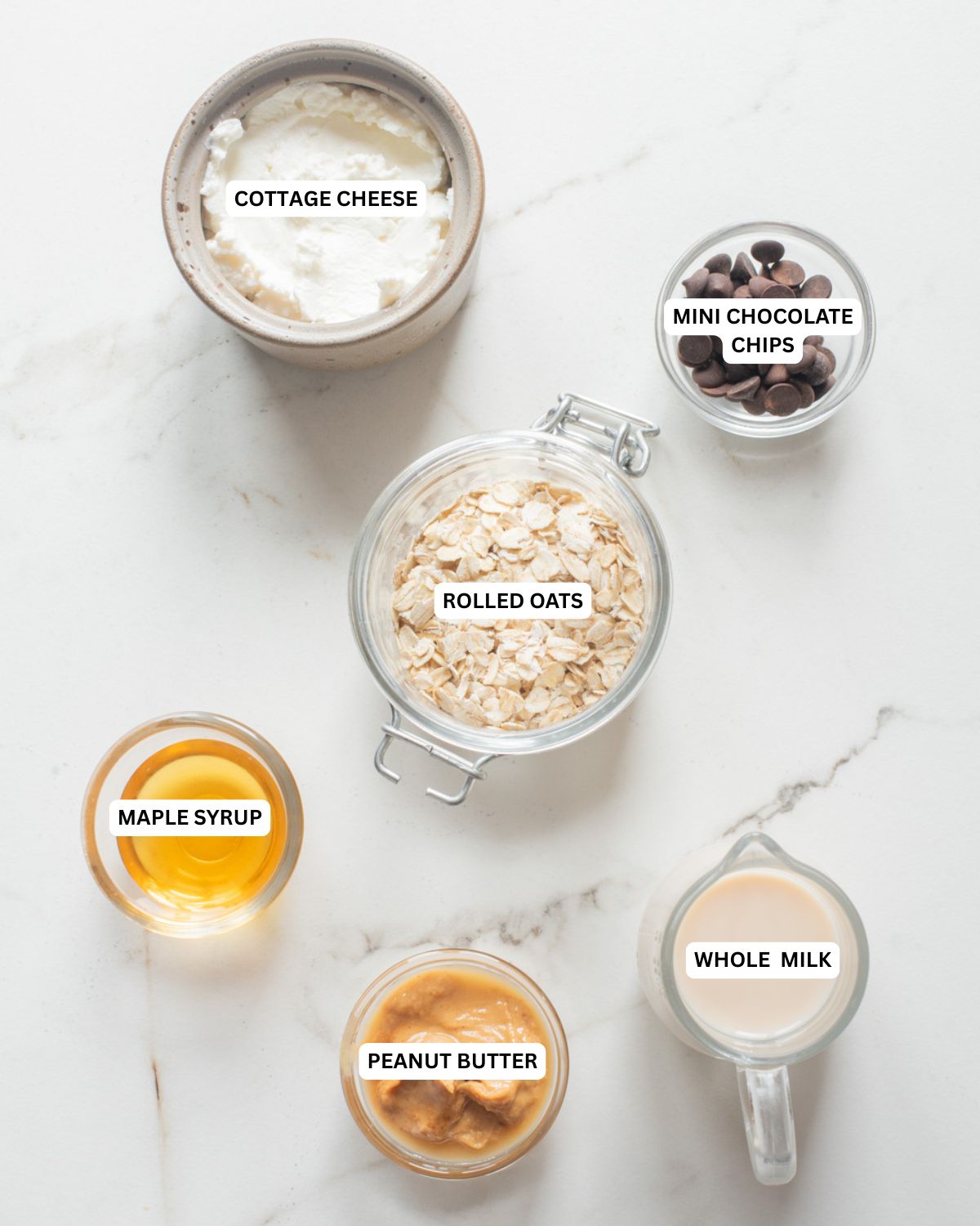 Overhead image of the ingredients of cottage cheese cookie dough overnight oats.