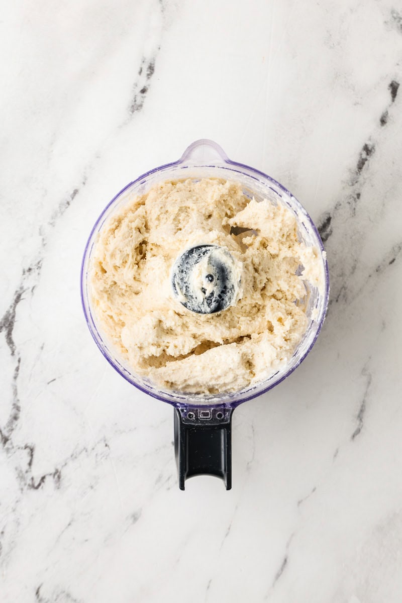 An overhead image of blending the cottage cheese.