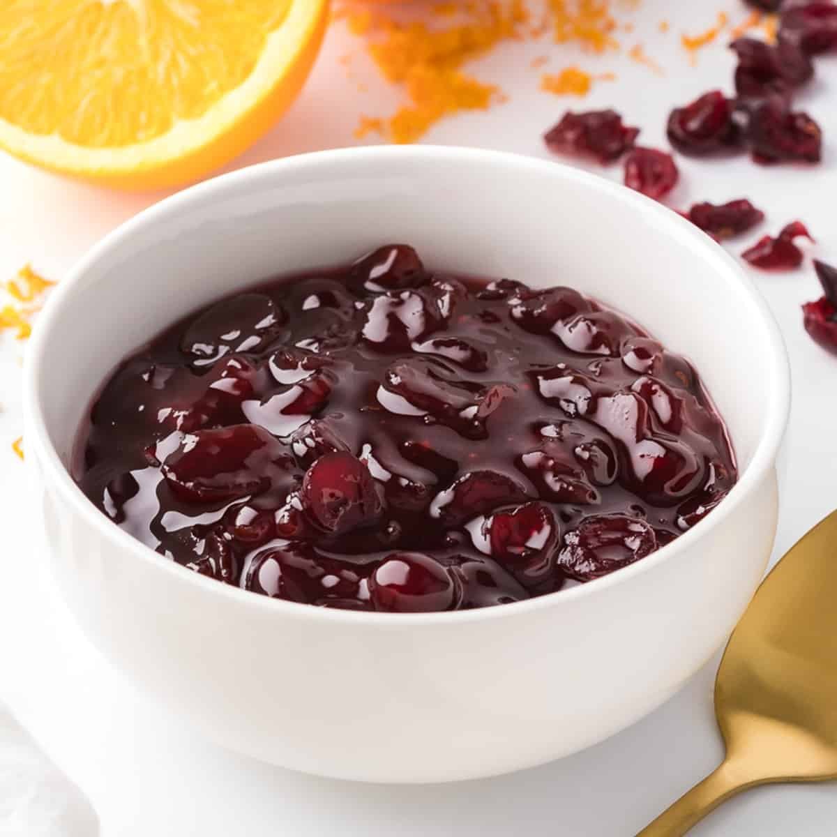 Close up of cranberry sauce made with dried cranberries