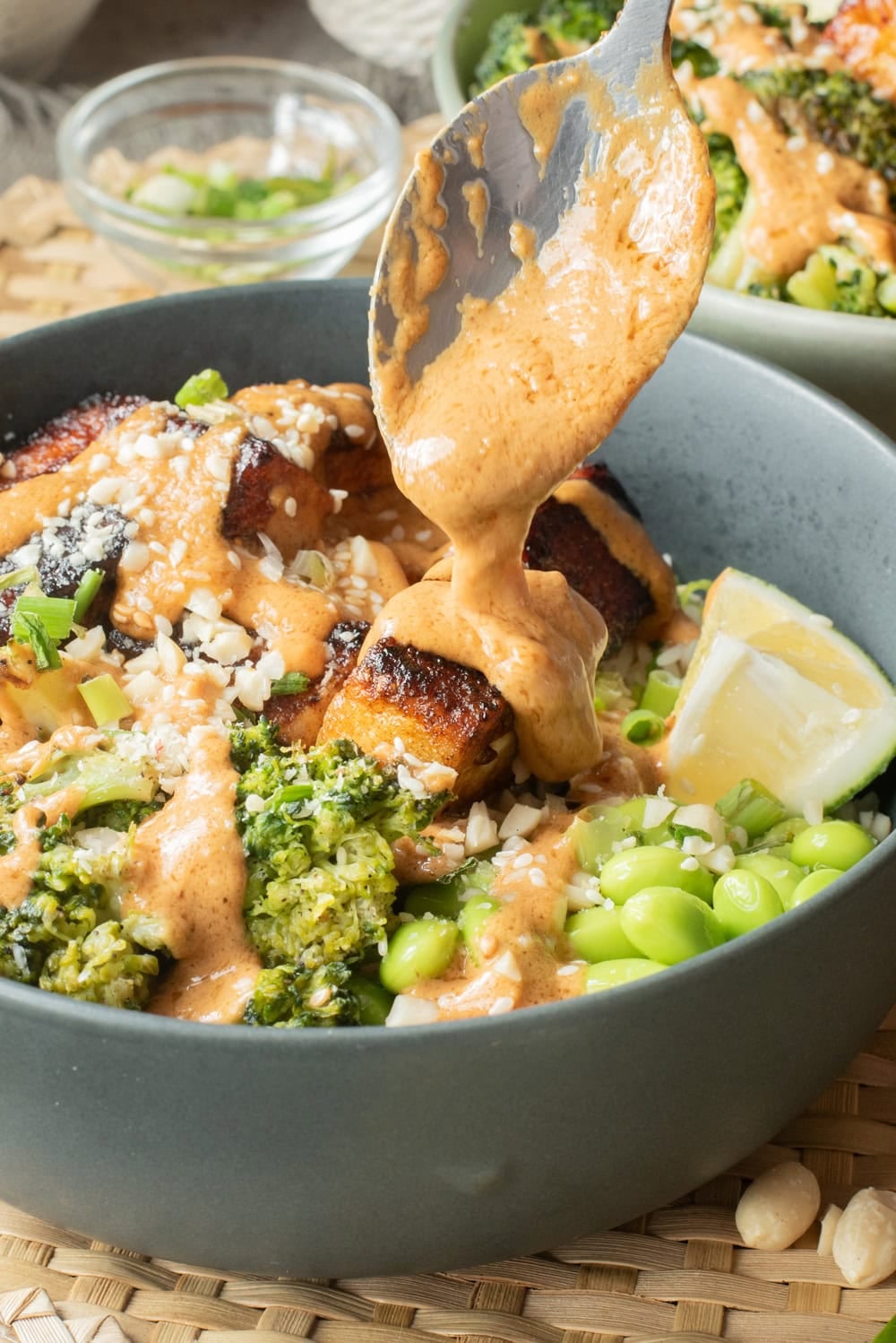 A close up image of crispy peanut tofu bowl.