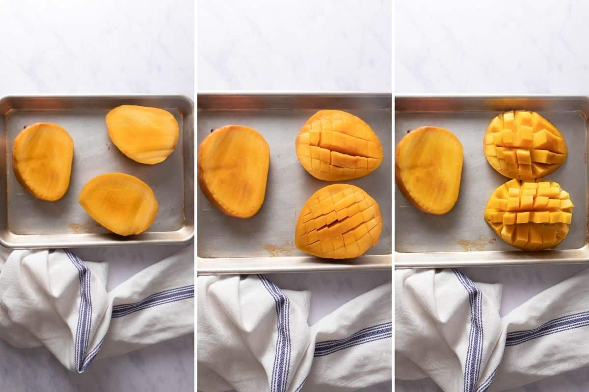Three step collage showing how to cut mangoes