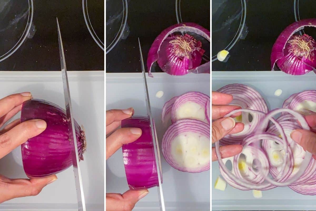 Three panel collage showing how to slice red onions before roasting